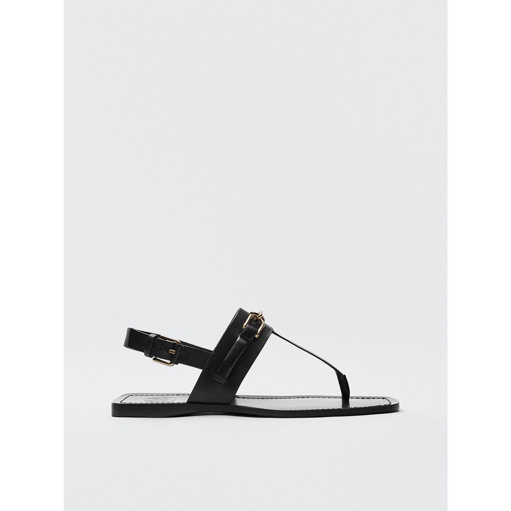 Massimo Dutti Leather Sandals With Buckle - 9 - Black - Picture 1 of 4